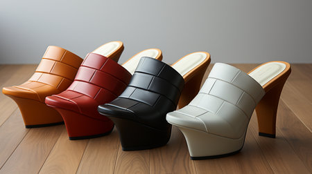 Women's leather shoes on a wooden floor. 3d illustration.の素材