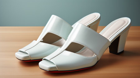 White female shoes on a wooden table, close-up, 3d renderの素材