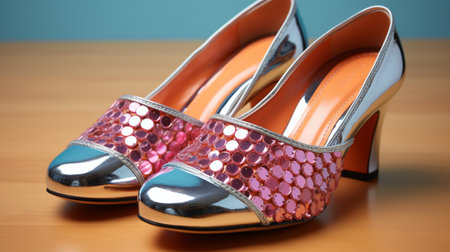 High heel women shoes on wooden table, close-up shot.の素材
