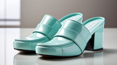 Pair of turquoise women's shoes on a white backgroundの素材