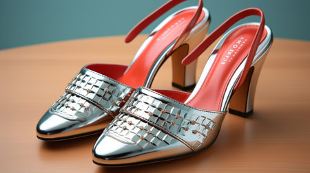 Womens shoes on a wooden table. 3D illustration.の素材