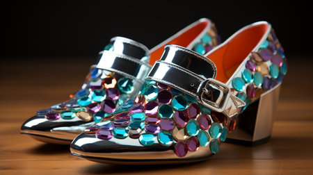 Women's shoes with sequins on a wooden background close-upの素材