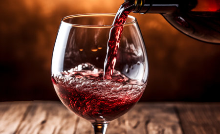 Pouring red wine into a glass on a wooden background. Selective focus.の素材