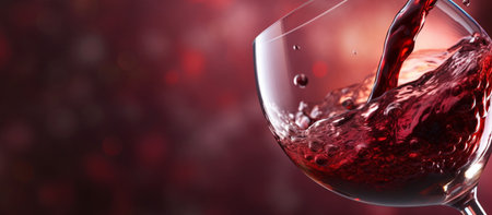 Red wine pouring into a glass on a red bokeh backgroundの素材