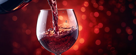 Pouring red wine into a glass on red bokeh backgroundの素材