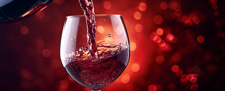Pouring red wine into a glass on red background with bokehの素材