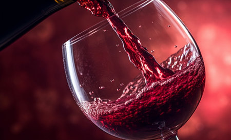 Red wine being poured into a glass on a red background with copy spaceの素材