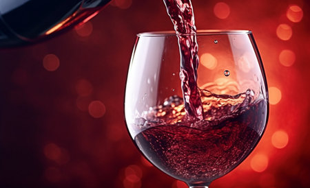 Pouring red wine into wineglass on red bokeh backgroundの素材