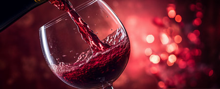 Red wine pouring into wineglass on dark background with bokehの素材
