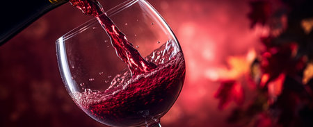 Red wine being poured into a wine glass on a dark background.の素材