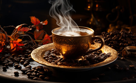 Black coffee in a cup on an old background in a composition with accessoriesの素材