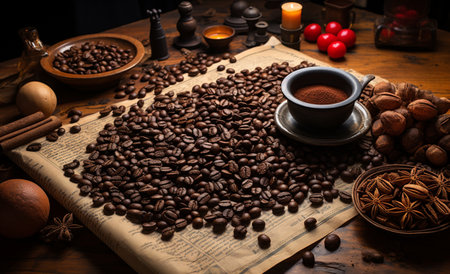 Coffee grinder and coffee beans on a wooden table.の素材
