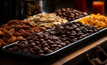 Coffee beans, nuts and raisins on a wooden tableの素材