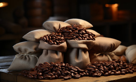 Sack with coffee beans on table in coffee shop, closeupの素材