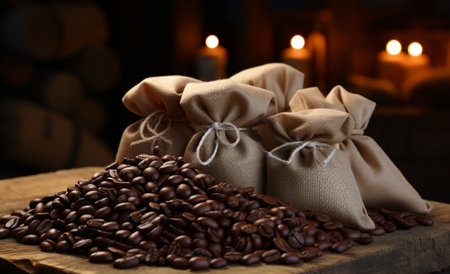 Coffee beans in sacks on wooden table, on dark backgroundの素材
