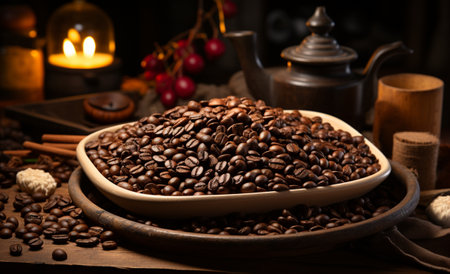 Coffee beans in a bowl on a wooden table. Coffee backgroundの素材
