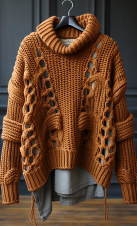 Warm knitted sweater on hanger in store, closeupの素材
