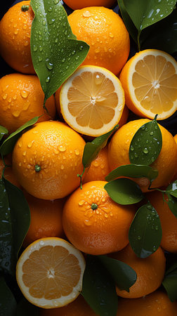 Fresh oranges and lemons with green leaves on a black background.の素材