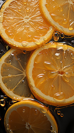 Slices of lemon and orange with water drops on black backgroundの素材
