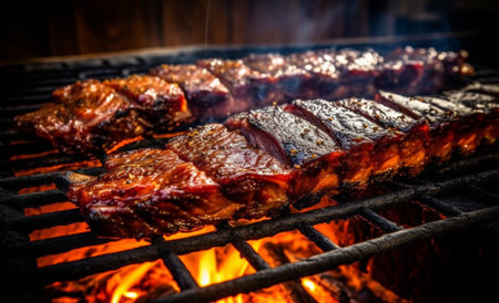 Slices of fresh fish on the grill in the smoke.の素材
