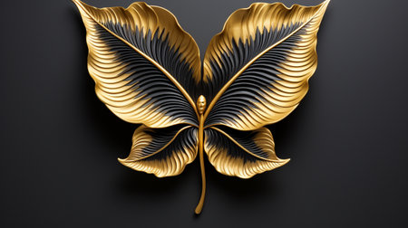 3d rendering of golden leaf on black background. Computer digital drawing.の素材