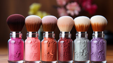 Makeup brushes and cosmetic powder in glass bottles on wooden table.の素材
