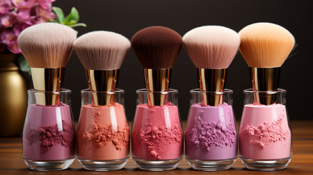 Makeup brushes and cosmetic powder on wooden table, close-upの素材
