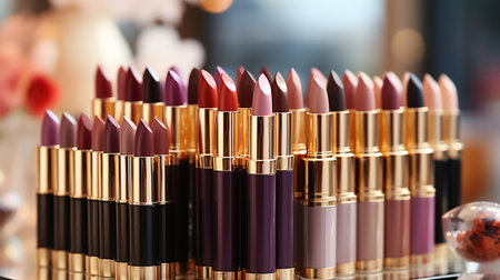 Beautiful lipsticks on table, closeup. Professional makeup productsの素材