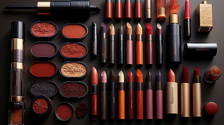 collection of make up products on black background. top view. flat layの素材