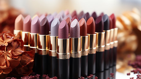 Beautiful lipsticks on blurred background, closeup. Professional makeup productsの素材
