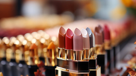 Beautiful lipsticks on blurred background, closeup. Professional makeup productsの素材