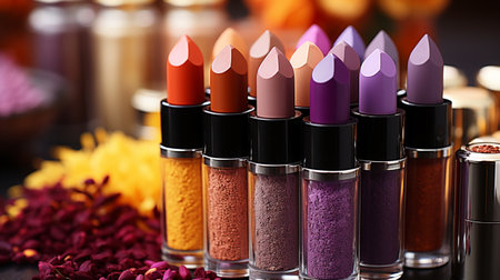 Beautiful makeup products on table in beauty salon, closeup viewの素材