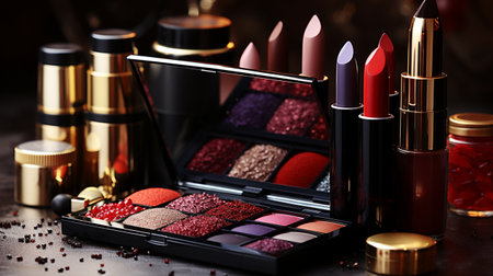 Cosmetic branding, girly and glamor concept - Eyeshadow palette and lipstick on vanity table, make-up and cosmetics product set for luxury beauty brand holiday sale promotion and holiday fashion blog designの素材