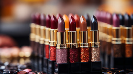 Lipsticks on the table in a beauty salon, close-upの素材