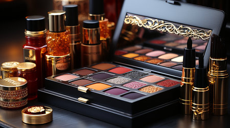 Cosmetic branding, girly and glamorous concept - Eyeshadow palette, lipstick, nail polish bottles and make-up products on vanity table, luxury beauty and fashion brand product for luxury beauty brand adsの素材