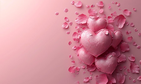 Pink hearts and rose petals on pink background with copy space.の素材