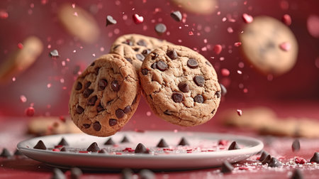 Create Atmosphere with Taste: Chocolate Chip Cookies, in a Gradient Pattern on a Red Background, Landing in Style on a Decorative Plate.の素材
