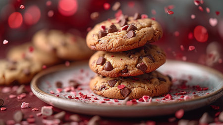 Create Atmosphere with Taste: Chocolate Chip Cookies, in a Gradient Pattern on a Red Background, Landing in Style on a Decorative Plate.の素材