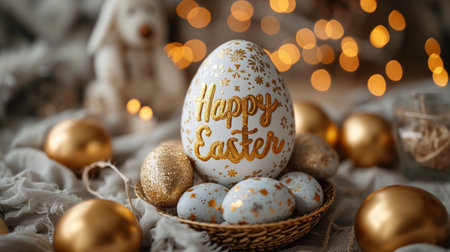 Chic Easter Design: Egg with "Happy Easter" Message in Refined Style, Clean and Simple Design.の素材