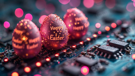 Easter eggs on the background of the printed circuit board of the computer.の素材