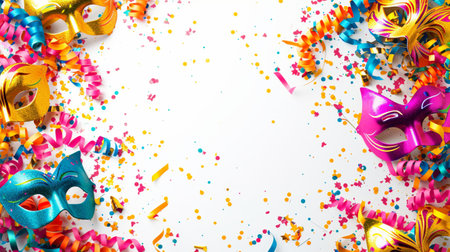Mardi gras background with party hats and confetti on whiteの素材