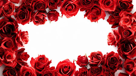 Frame made of red roses on white background, top view. Space for textの素材