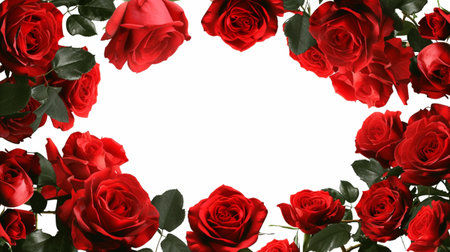 Frame made of red roses on white background, top view. Space for textの素材