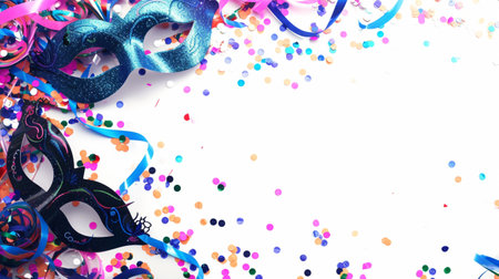 Mardi gras background with carnival masks, confetti and streamersの素材