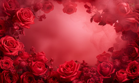 Red roses on red background with copy space. Valentines day conceptの素材