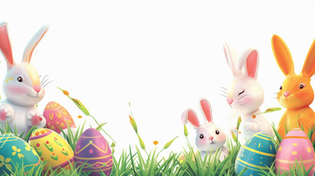 Easter bunny and eggs on green grass. 3d illustration.の素材