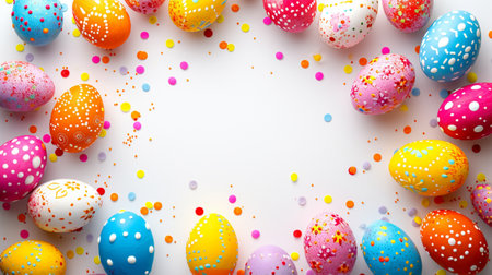 Colorful Easter eggs and confetti on white background, top viewの素材