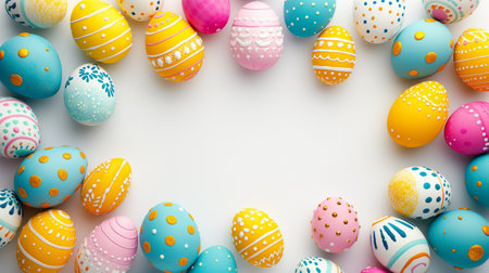 Colorful easter eggs frame on white background with copy space.の素材