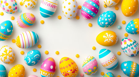 Easter eggs frame on white background. 3d render illustration.の素材