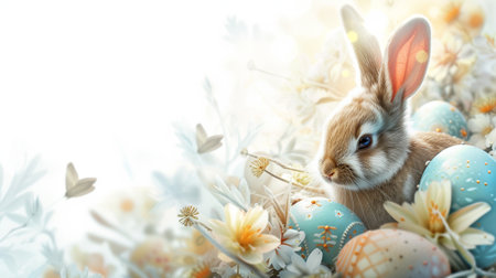 Easter bunny with eggs and daffodils on white backgroundの素材